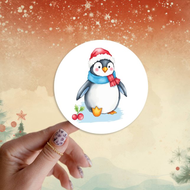 Cute Watercolor Christmas Penguin Classic Round Sticker (Creator Uploaded)