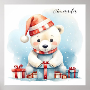 Cute Watercolor Christmas Polar Bear Poster