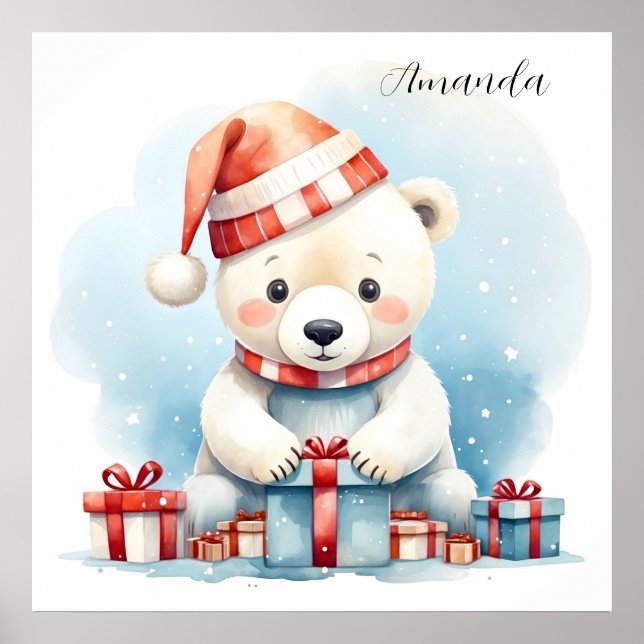 Cute Watercolor Christmas Polar Bear Poster (Front)