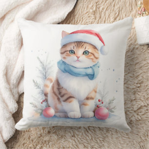 Cute Watercolor Christmas Santa Cat  Cushion