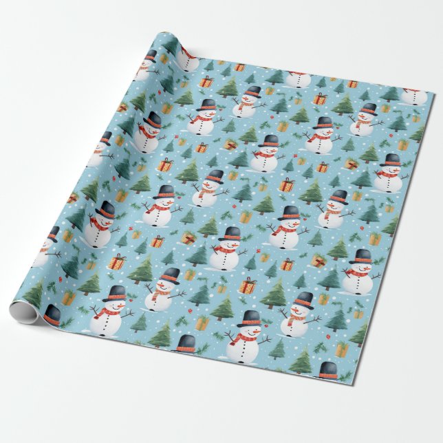 Cute Watercolor Christmas Snowman Wrapping Paper (Unrolled)