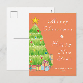 Cute Watercolor Christmas Tree Custom Family Holiday Postcard