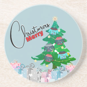 Cute Watercolor Christmas Tree Merry Christmas Coaster