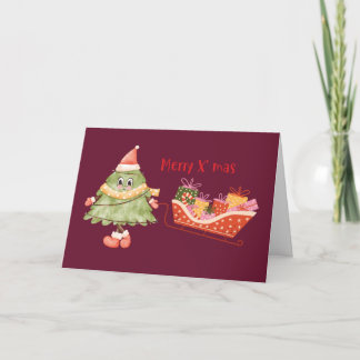 Cute Watercolor Christmas Tree Pulling Sleigh Card