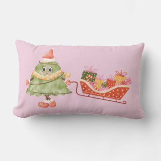 Cute Watercolor Christmas Tree Pulling Sleigh Gift Lumbar Cushion