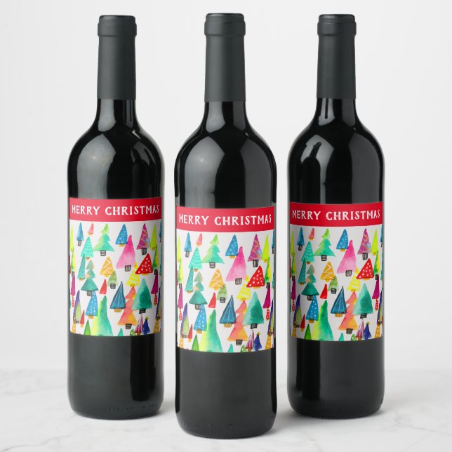 Cute watercolor Christmas trees Wine Label (Bottles)