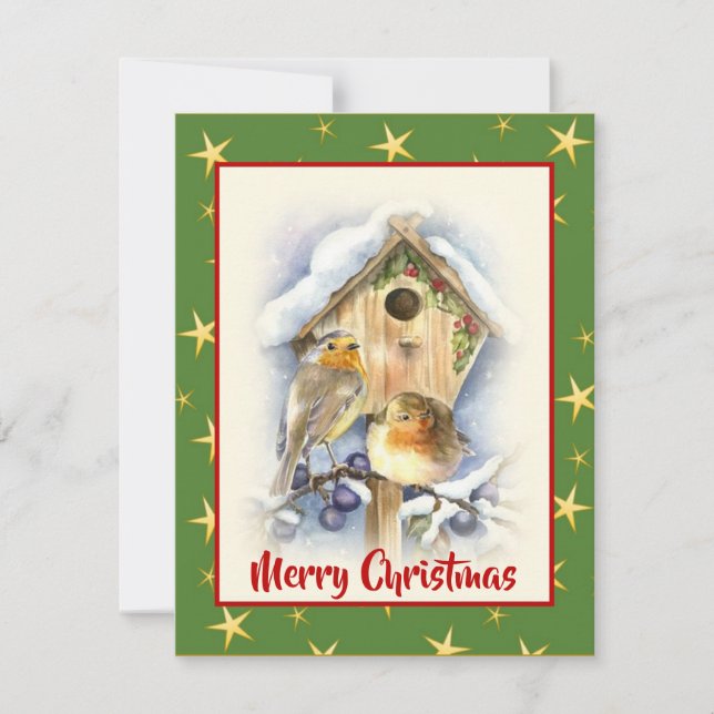Cute Watercolor Christmas Two Bird Snow Berries Holiday Card (Front)