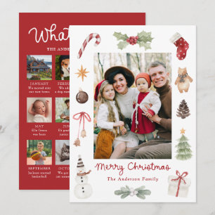 Cute Watercolor Christmas Year in Review Photo Holiday Card