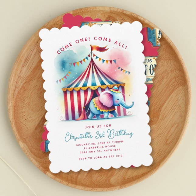 Cute Watercolor Circus Elephant Birthday Invitation (Cute Watercolor Circus Elephant Birthday Invitation)