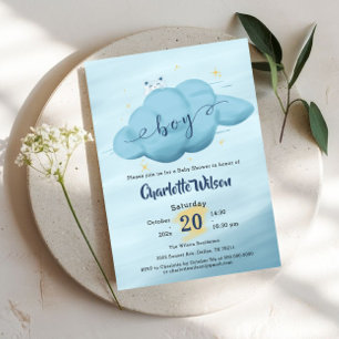 Cute Watercolor Cloud Baby Boy Shower Invitation