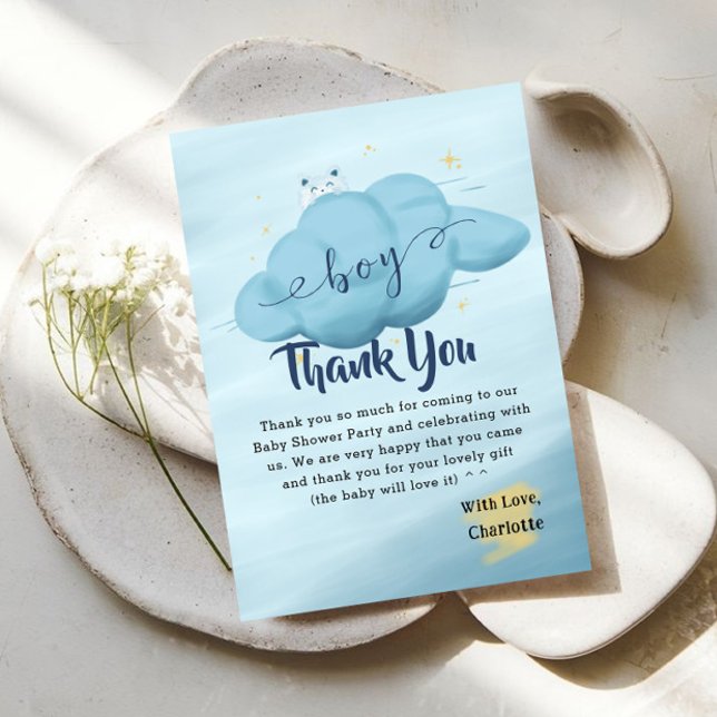 Cute Watercolor Cloud Baby Boy Shower Thank You Card (Creator Uploaded)