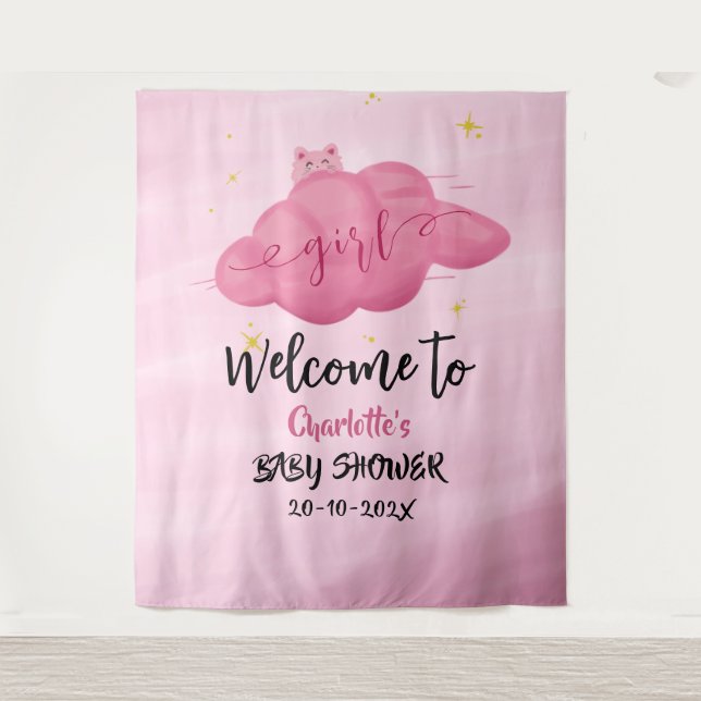 Cute Watercolor Cloud Baby Girl Shower Backdrop Tapestry (Front)