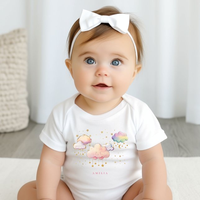 Cute Watercolor Cloud Star Baby Girl Shower Bodysuit (Creator Uploaded)