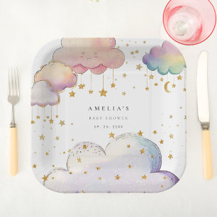 Cute Watercolor Cloud Star Baby Girl Shower Paper Plate