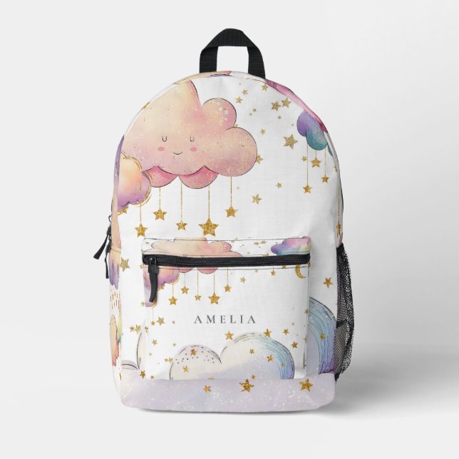 Cute Watercolor Cloud Star Girls Kids Printed Backpack (Front)