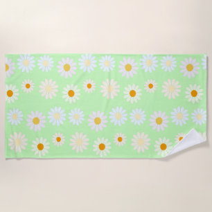 Cute watercolor colourful Daisy Pattern Green Beach Towel