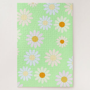 Cute watercolor colourful Daisy Pattern Green Jigsaw Puzzle