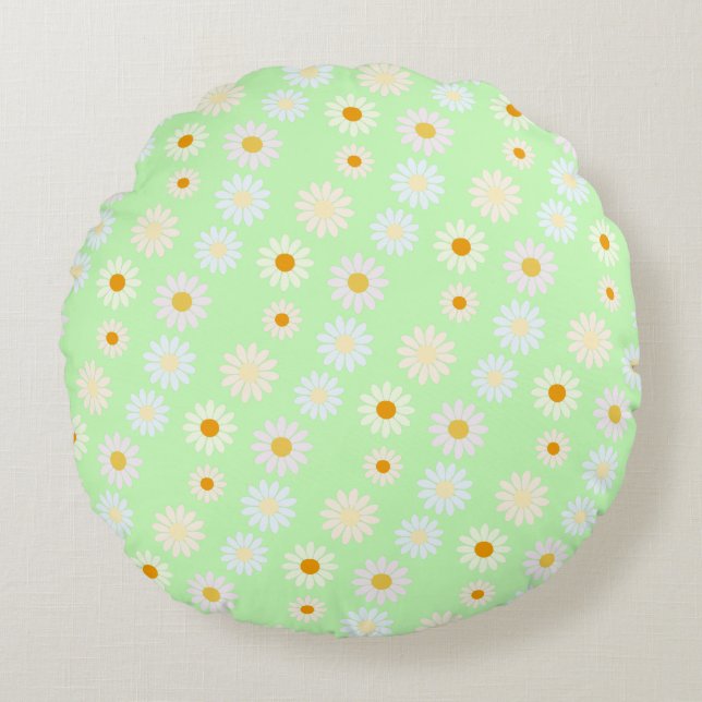 Cute watercolor colourful Daisy Pattern Green Round Cushion (Front)