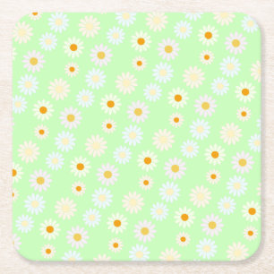Cute watercolor colourful Daisy Pattern Green Square Paper Coaster