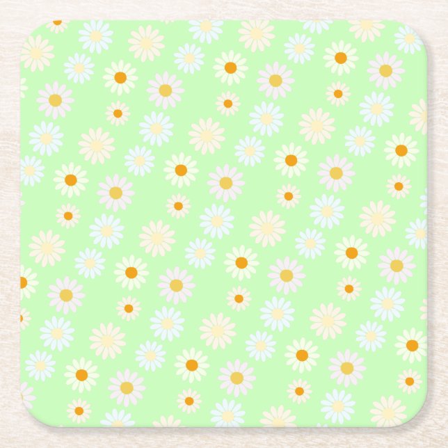 Cute watercolor colourful Daisy Pattern Green Square Paper Coaster (Front)