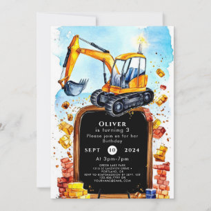 Cute Watercolor Construction Birthday Invitation