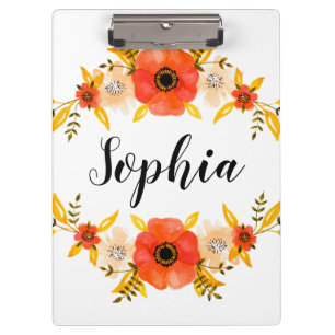 Cute Watercolor Coral Floral Wreath Custom Text Clipboard