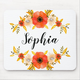 Cute Watercolor Coral Floral Wreath Custom Text Mouse Pad
