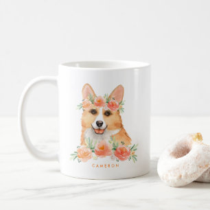 Cute Watercolor Corgi Peach Floral Personalized Coffee Mug
