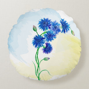 Cute watercolor cornflowers on blue and yellow bac round cushion