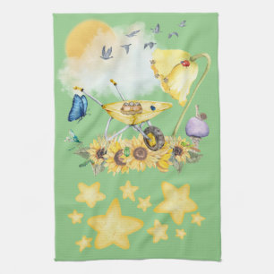 Cute Watercolor Cottagecore Yellow on green Tea Towel