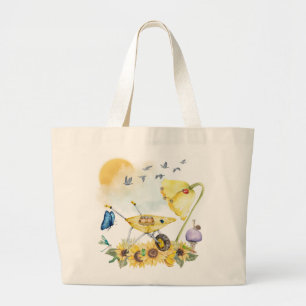 Cute Watercolor Cottagecore Yellow on white   Large Tote Bag
