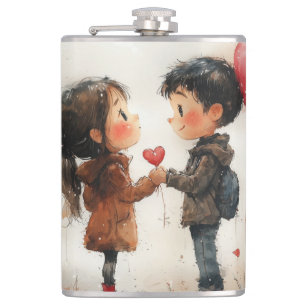 Cute Watercolor Couple Heart Balloon Romantic Love Hip Flask