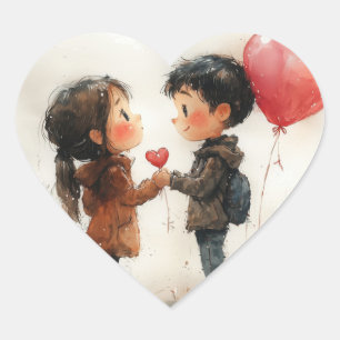 Cute Watercolor Couple Heart Balloon Romantic Love Sticker