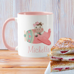 Cute Watercolor Cow in Red Aeroplane, Personalised Mug