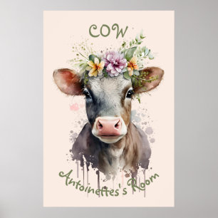 Cute Watercolor Cow Nursery Poster