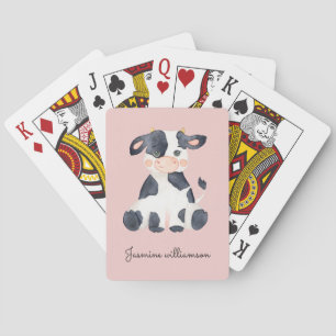 Cute watercolor cow pink personalised  playing cards