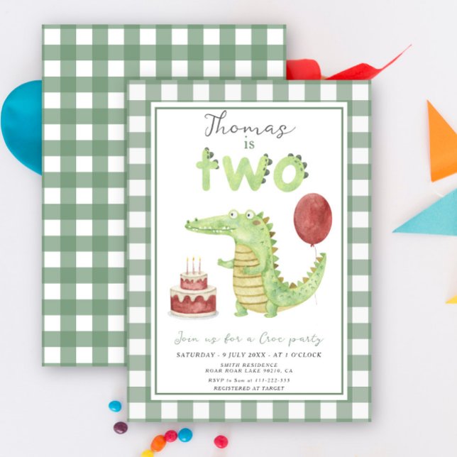 Cute Watercolor Crocodile Two Birthday Party Invitation (Creator Uploaded)