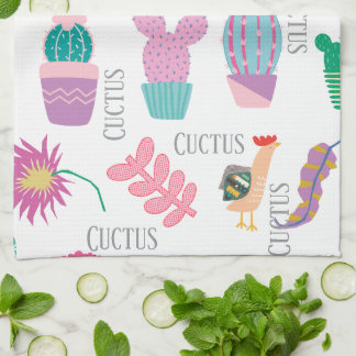 Cute watercolor cuctus and text cartoon Pink white Tea Towel