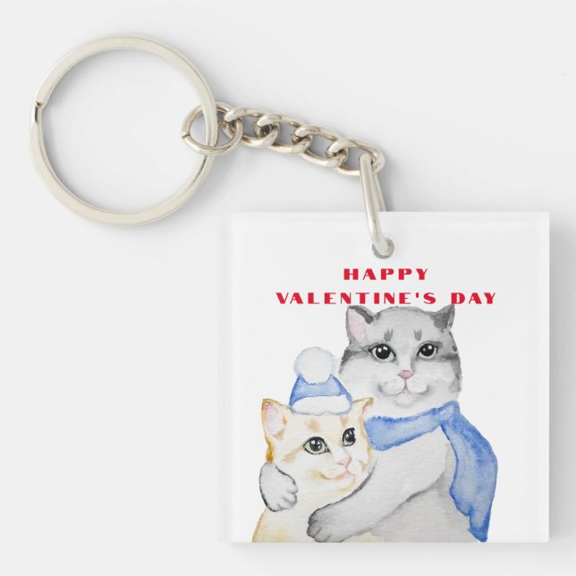 Cute watercolor cuddly cats on Valentine's Day Key Ring (Front)