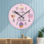 Cute Watercolor Cupcake Personalised Pink Kitchen Round Clock<br><div class="desc">Personalised kitchen wall clock with cute watercolor sweet treats-cupcakes and cookies.</div>