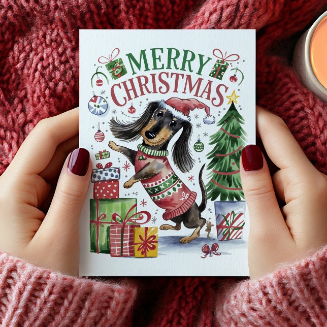 Cute Watercolor Dachshund Christmas Card (Cute Dachshund Christmas Card)