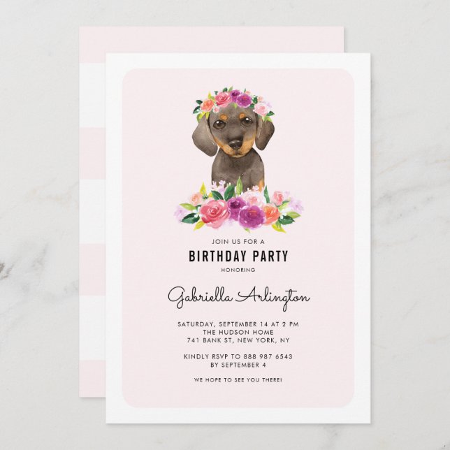 Cute Watercolor Dachshund Pink Floral Birthday Invitation (Front/Back)