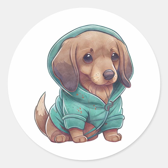 Cute Watercolor Dachshund Puppy in Sweater Classic Round Sticker (Front)