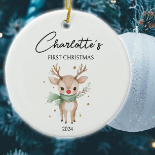 Cute Watercolor Deer Custom Baby First Christmas  Ceramic Ornament
