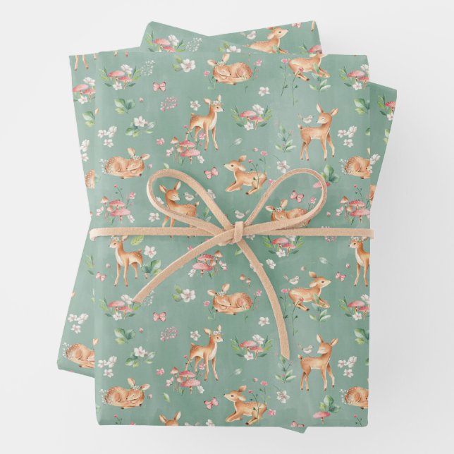 Cute Watercolor Deer Pattern Wrapping Paper Sheet (In situ)
