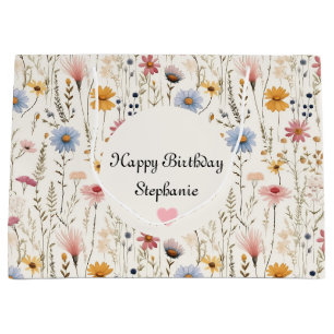 Cute Watercolor Delicate Flowers Foliage Pattern Large Gift Bag