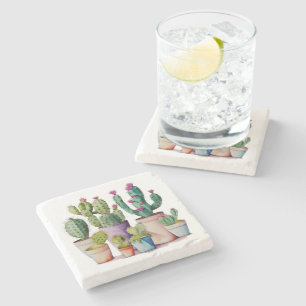 Cute watercolor desert cactus succulents in pots stone coaster