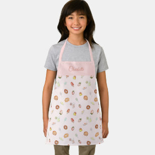 Cute Watercolor Dessert Pattern Pink Name Kids Apron