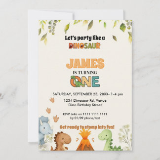 Cute Watercolor Dinosaur 1st Birthday Invitation