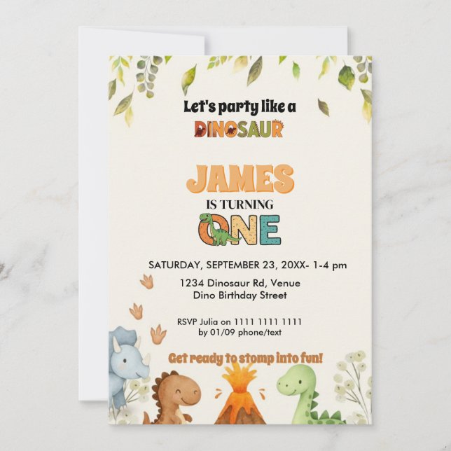 Cute Watercolor Dinosaur 1st Birthday Invitation (Front)